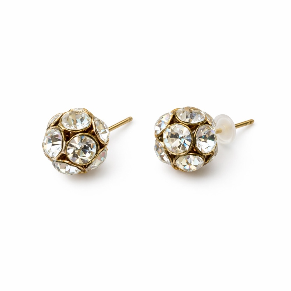 Crystal Ball Stud Earrings Gold Tone Rhinestone Sparkle Classic